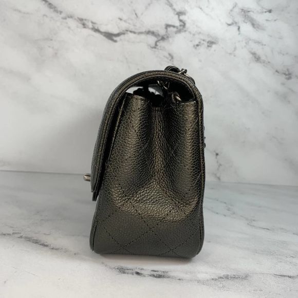 ββ CHANEL 17S Metallic Charcoal Square Classic Caviar Mini Quilt Flap Bag CC RHW - Picture 10 of 17
